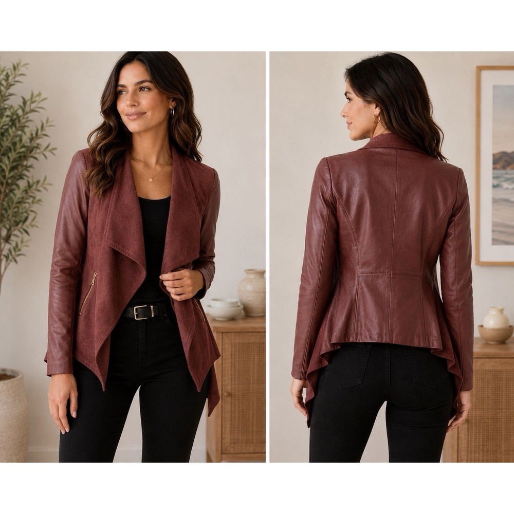 Andrew Marc Marc New York Burgundy Faux Leather Waterfall Jacket Medium